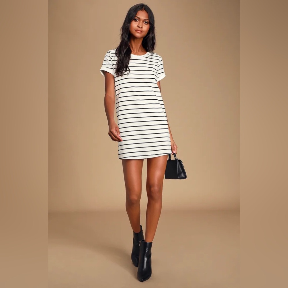LULUS Cafe Society Black and Cream Striped Shirt Dress